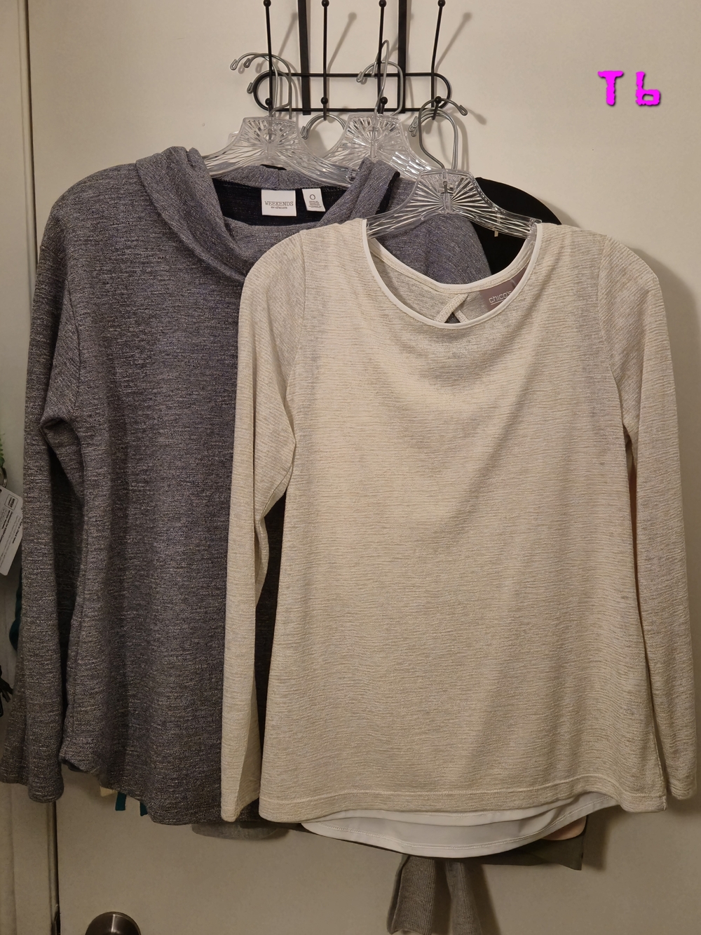 2 Chico's Weekends Layered Knit Tops - Sheer Cream W White & Heather Blue Sz 0